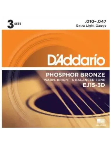 Juego Cuerdas Guitarra Acústica D'Addario EJ-15-3D 010-047