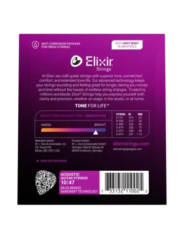 Juego Cuerdas Guitarra Acústica Elixir Nanoweb 11002 (10-47)
