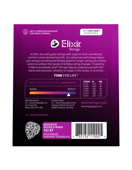 Juego Cuerdas Guitarra Acústica Elixir Nanoweb 11002 (10-47)