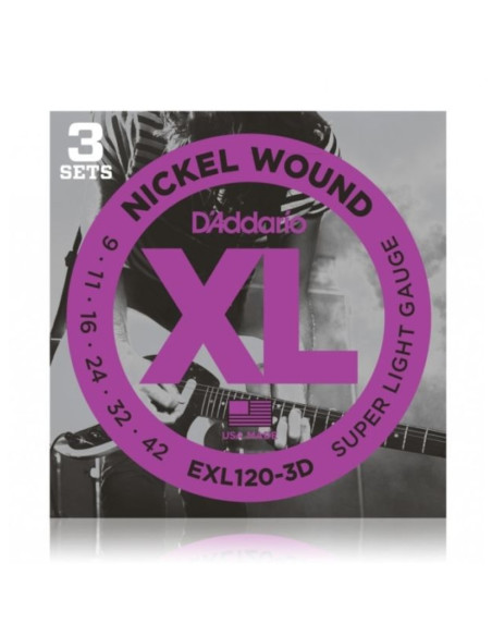 Juego Cuerdas Guitarra Eléctrica D'Addario EXL-120-3D 009-042